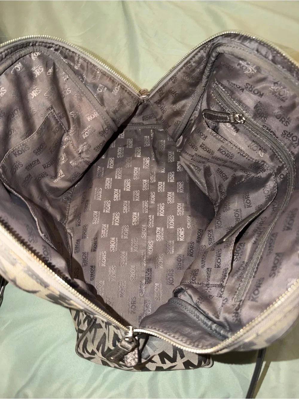 Michael Kors Gray MK Monogram Satchel with Metallic Handles